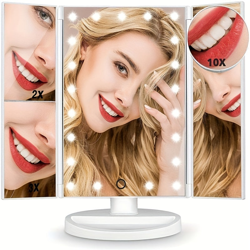1pc Tri-folded Table Makeup Mirror - Standing Mirror With Lights, Smart LED Cosmetic Mirror, Multi-Color Adjustable Mirror, Double Door Folding Refill Mirror, USB Rechargeable, Desktop Makeup Mirror - For Women & Girls - Perf