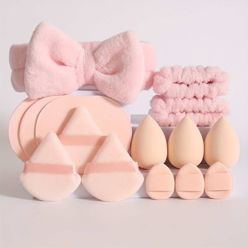 15-Piece Makeup Tool Set - 1 Bow Headband & 2 Wrist Bands, 3 Beauty Sponges & 3 Mini Makeup Sponges, 3 Triangle Powder Puffs & 3 Facial Cleansing Sponges - Suitable For All Skin Types