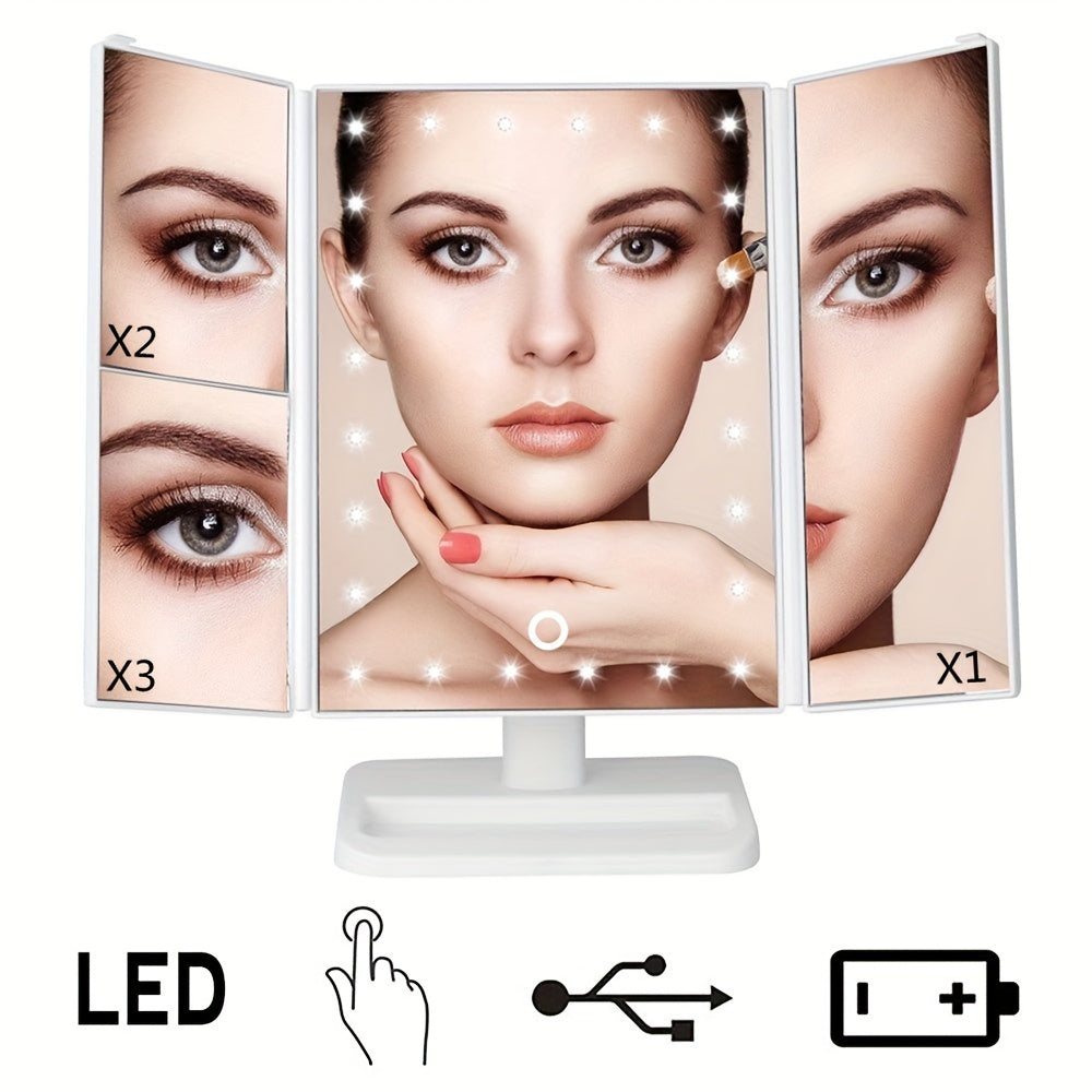 1pc Tri-folded Table Makeup Mirror - Standing Mirror With Lights, Smart LED Cosmetic Mirror, Multi-Color Adjustable Mirror, Double Door Folding Refill Mirror, USB Rechargeable, Desktop Makeup Mirror - For Women & Girls - Perf