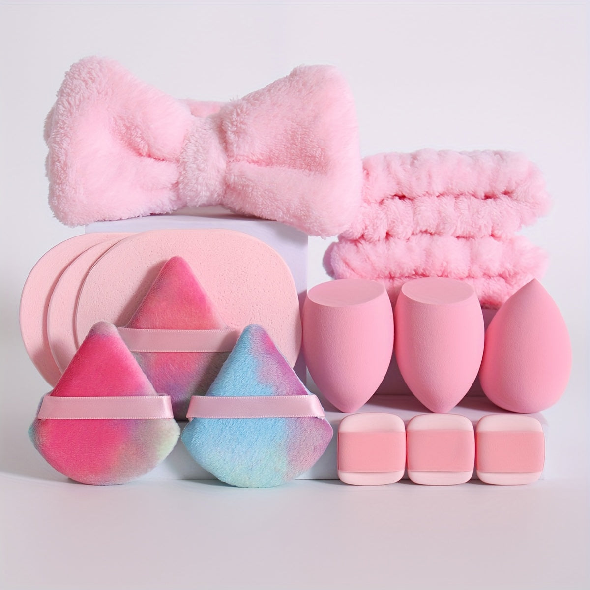 15-Piece Makeup Tool Set - 1 Bow Headband & 2 Wrist Bands, 3 Beauty Sponges & 3 Mini Makeup Sponges, 3 Triangle Powder Puffs & 3 Facial Cleansing Sponges - Suitable For All Skin Types