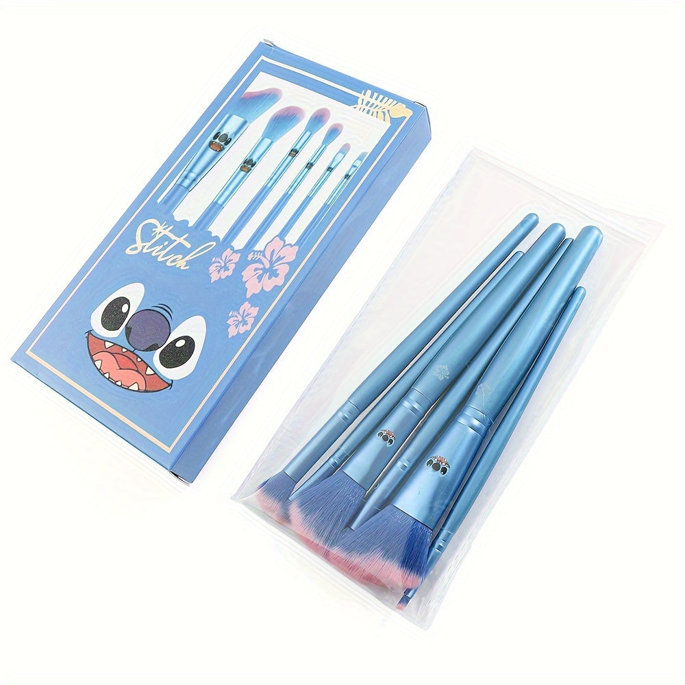 Disney Stitch 6-Piece Makeup Brush Set - Kawaii Wooden Handle, Polyester Bristles for Powder, Eye Shadow, Foundation, Blush, and Blending - Unscented Wand Beauty Brushes for Normal Skin with Gift Box