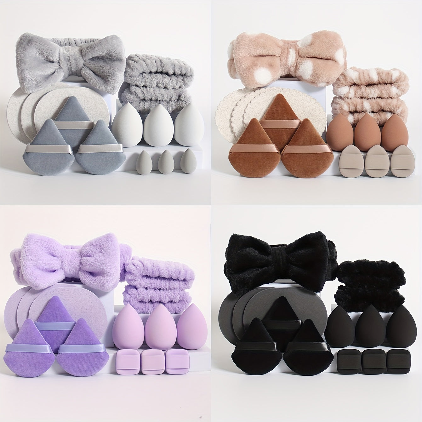 15-Piece Makeup Tool Set - 1 Bow Headband & 2 Wrist Bands, 3 Beauty Sponges & 3 Mini Makeup Sponges, 3 Triangle Powder Puffs & 3 Facial Cleansing Sponges - Suitable For All Skin Types