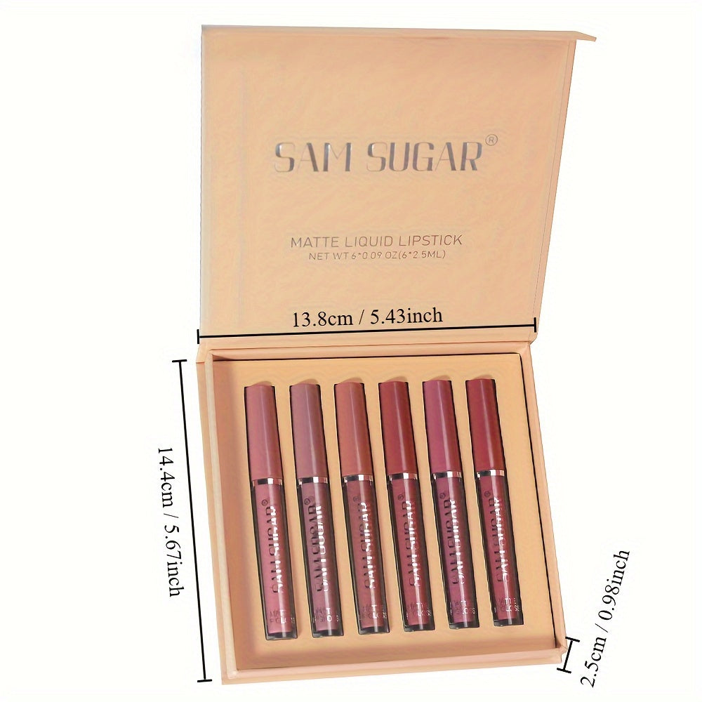 SAM SUGAR Matte Liquid Lipstick Set - Waterproof, Non-Stick Cup Long Lasting Lip Gloss Collection, 6 Shades of Orange, Pink, Red & Skin Tones - Perfect Gift for Mother's Day, Valentine's Day, Women's Beauty Essentials