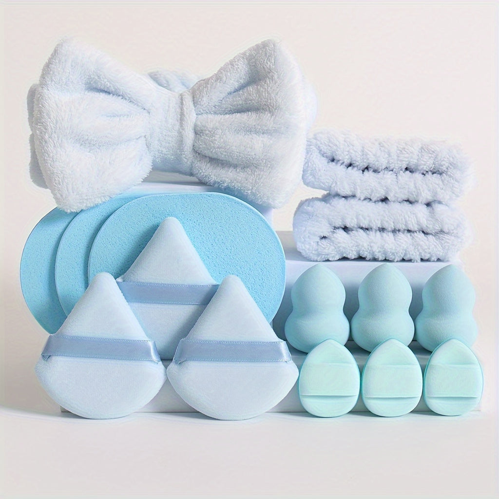 15-Piece Makeup Tool Set - 1 Bow Headband & 2 Wrist Bands, 3 Beauty Sponges & 3 Mini Makeup Sponges, 3 Triangle Powder Puffs & 3 Facial Cleansing Sponges - Suitable For All Skin Types