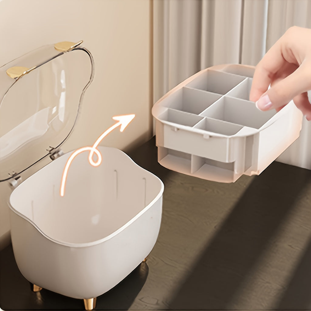 1pc Cosmetic Organizer with Transparent Lid - Makeup Vanity Storage Box, Lipstick, Perfume, Nail Polish, Brushes - Compact Bathroom & Desk Organizer with Open Compartments - Durable Plastic Construction - Space-Saving Vanity