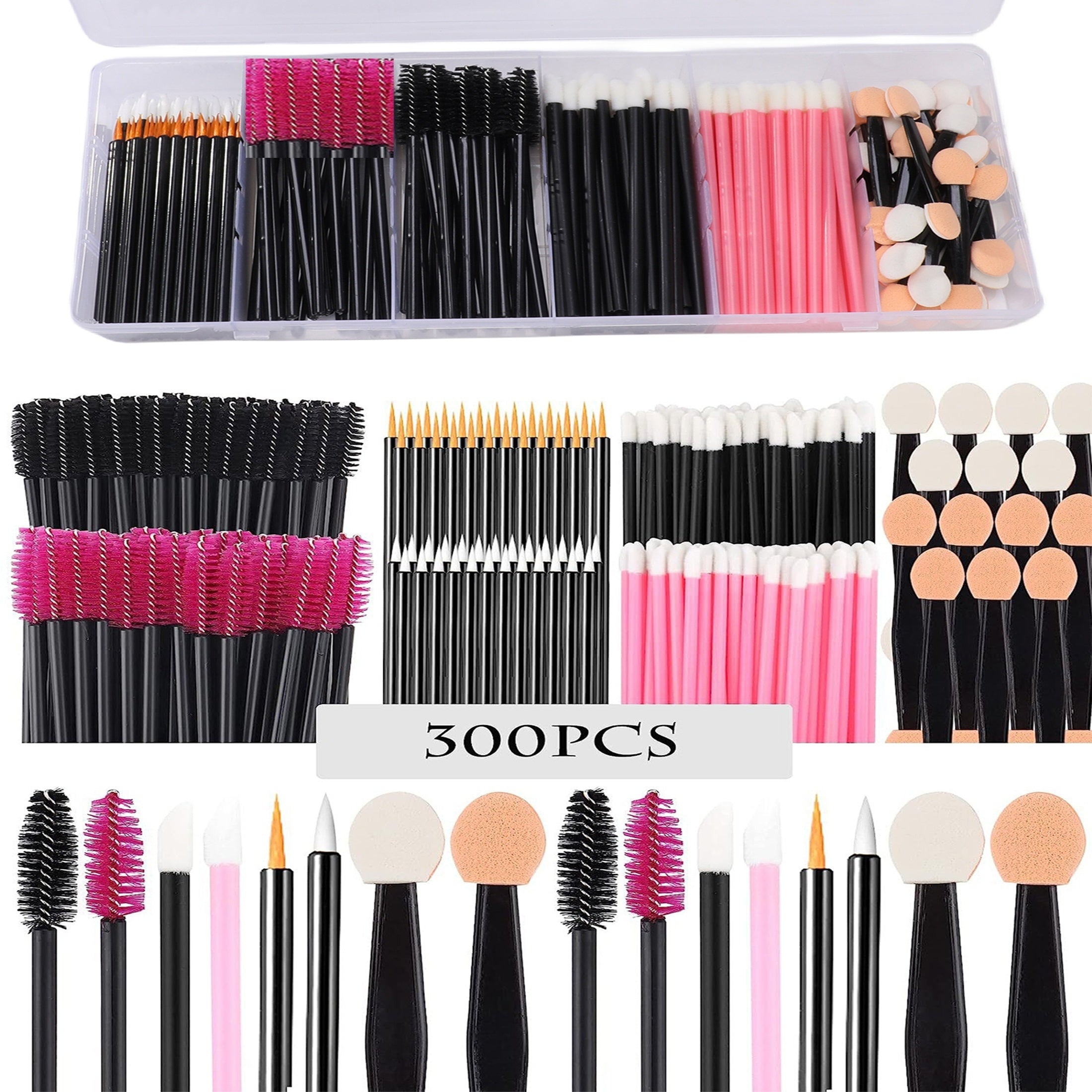 300pcs Disposable Makeup Tool Kit, 100pcs Lipstick Applicator Lip Stick 100pcs Mascara Eyelash Brush 50pcs Lip Liner Brush 50pcs Eyeshadow Brush 1 Portable Beauty Storage Box - Gift Set Mother's Day Gift