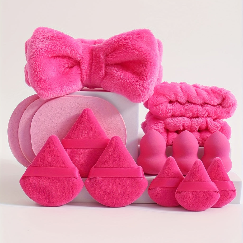 15-Piece Makeup Tool Set - 1 Bow Headband & 2 Wrist Bands, 3 Beauty Sponges & 3 Mini Makeup Sponges, 3 Triangle Powder Puffs & 3 Facial Cleansing Sponges - Suitable For All Skin Types