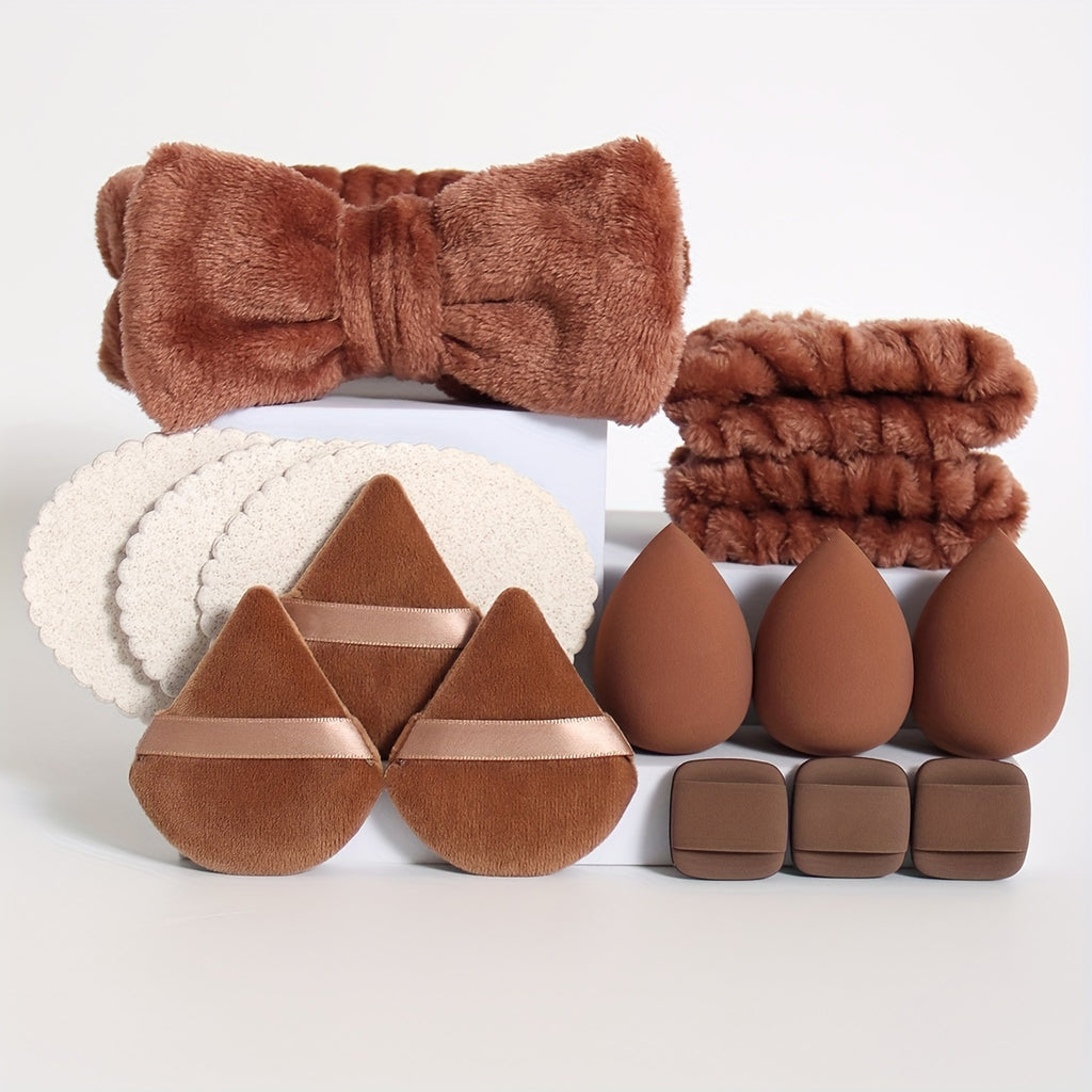 15-Piece Makeup Tool Set - 1 Bow Headband & 2 Wrist Bands, 3 Beauty Sponges & 3 Mini Makeup Sponges, 3 Triangle Powder Puffs & 3 Facial Cleansing Sponges - Suitable For All Skin Types