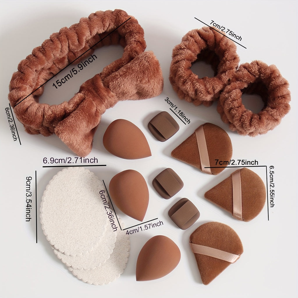 15-Piece Makeup Tool Set - 1 Bow Headband & 2 Wrist Bands, 3 Beauty Sponges & 3 Mini Makeup Sponges, 3 Triangle Powder Puffs & 3 Facial Cleansing Sponges - Suitable For All Skin Types