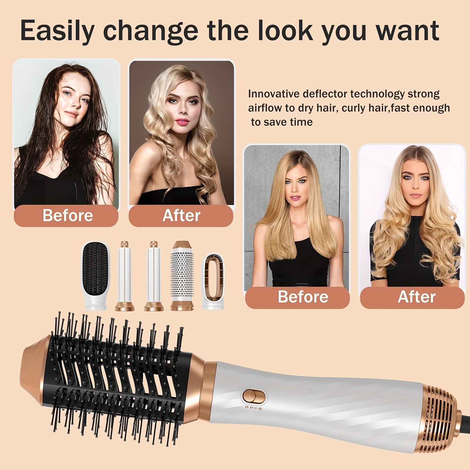 6 In 1 Hot Air Brush, Detachable Hair Dryer Brush, Powerful Hair Blow Dryer With Diffuser, Air Curler Wand, 2024 Update Hair Dryer Brush Set, Hair Straightener Brush, Oval Brush, Hair Dryer With Nozzle