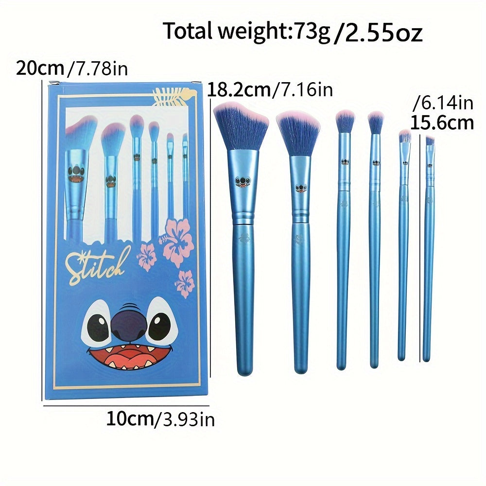 Disney Stitch 6-Piece Makeup Brush Set - Kawaii Wooden Handle, Polyester Bristles for Powder, Eye Shadow, Foundation, Blush, and Blending - Unscented Wand Beauty Brushes for Normal Skin with Gift Box