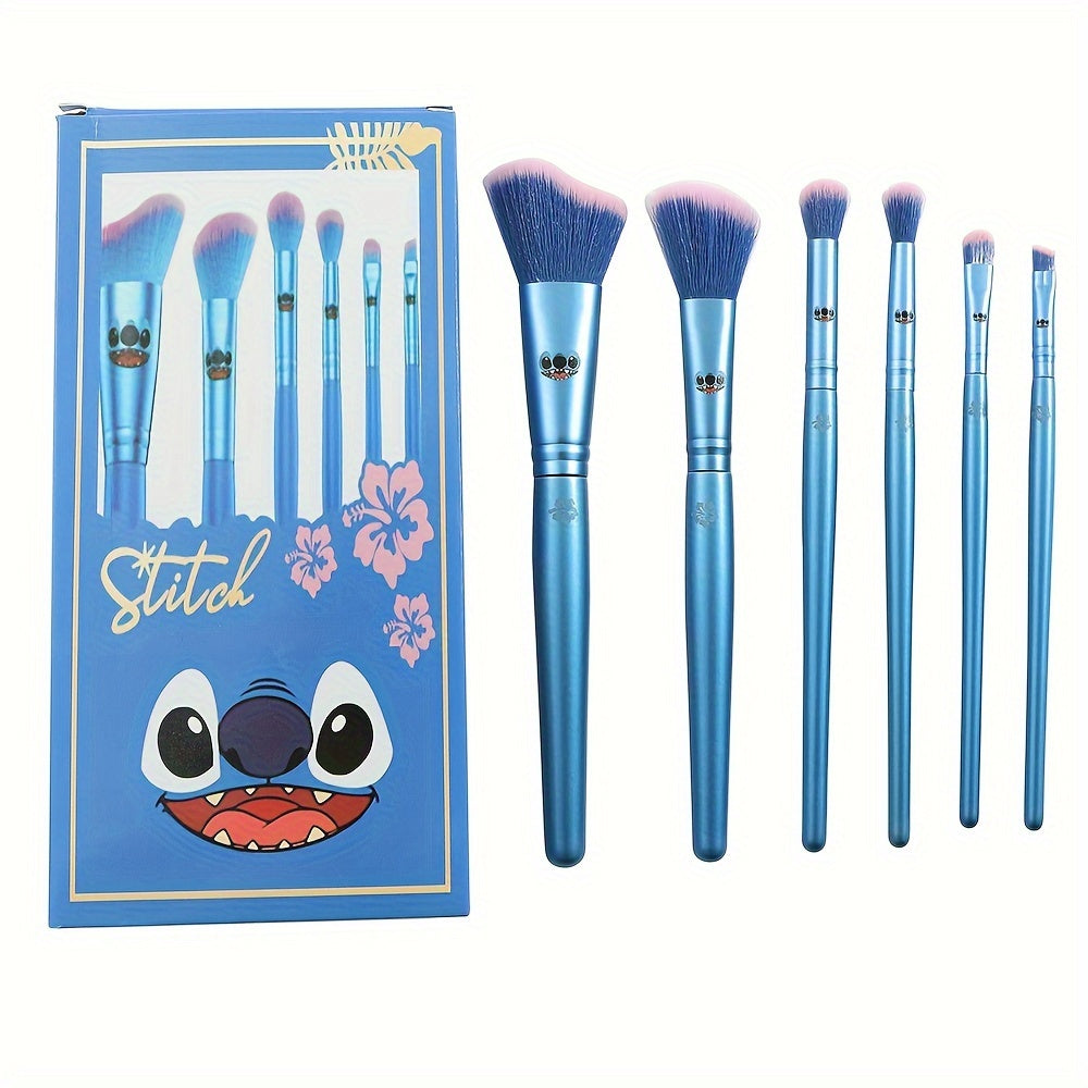 Disney Stitch 6-Piece Makeup Brush Set - Kawaii Wooden Handle, Polyester Bristles for Powder, Eye Shadow, Foundation, Blush, and Blending - Unscented Wand Beauty Brushes for Normal Skin with Gift Box