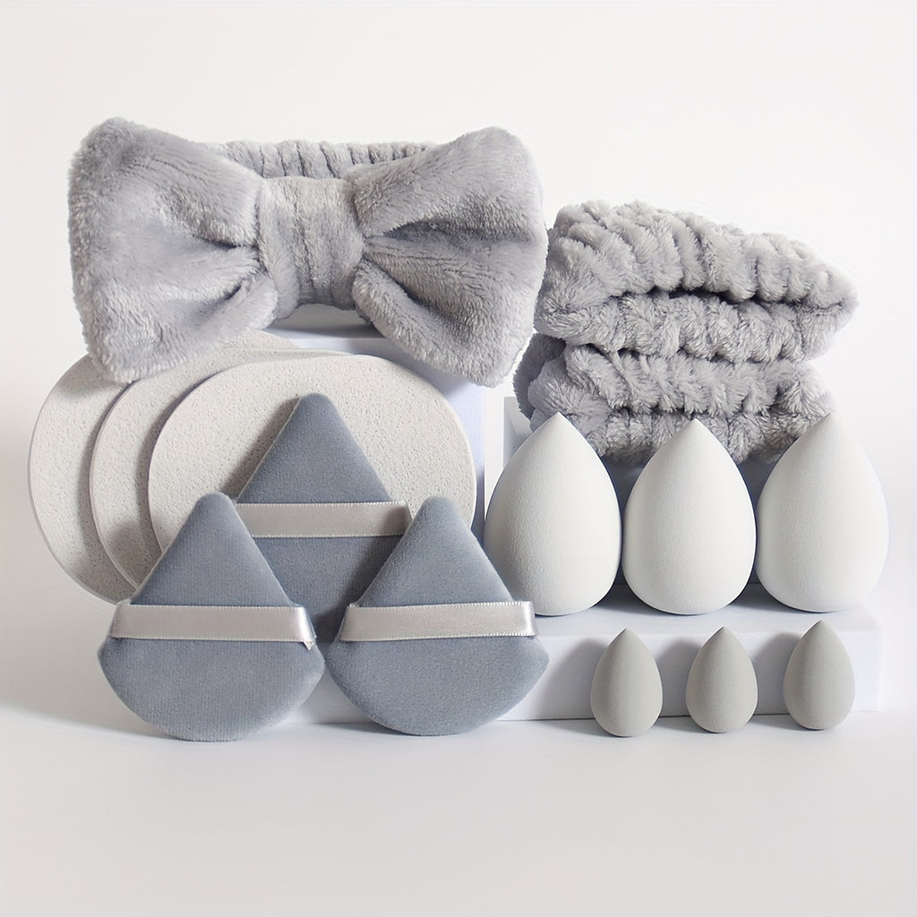 15-Piece Makeup Tool Set - 1 Bow Headband & 2 Wrist Bands, 3 Beauty Sponges & 3 Mini Makeup Sponges, 3 Triangle Powder Puffs & 3 Facial Cleansing Sponges - Suitable For All Skin Types