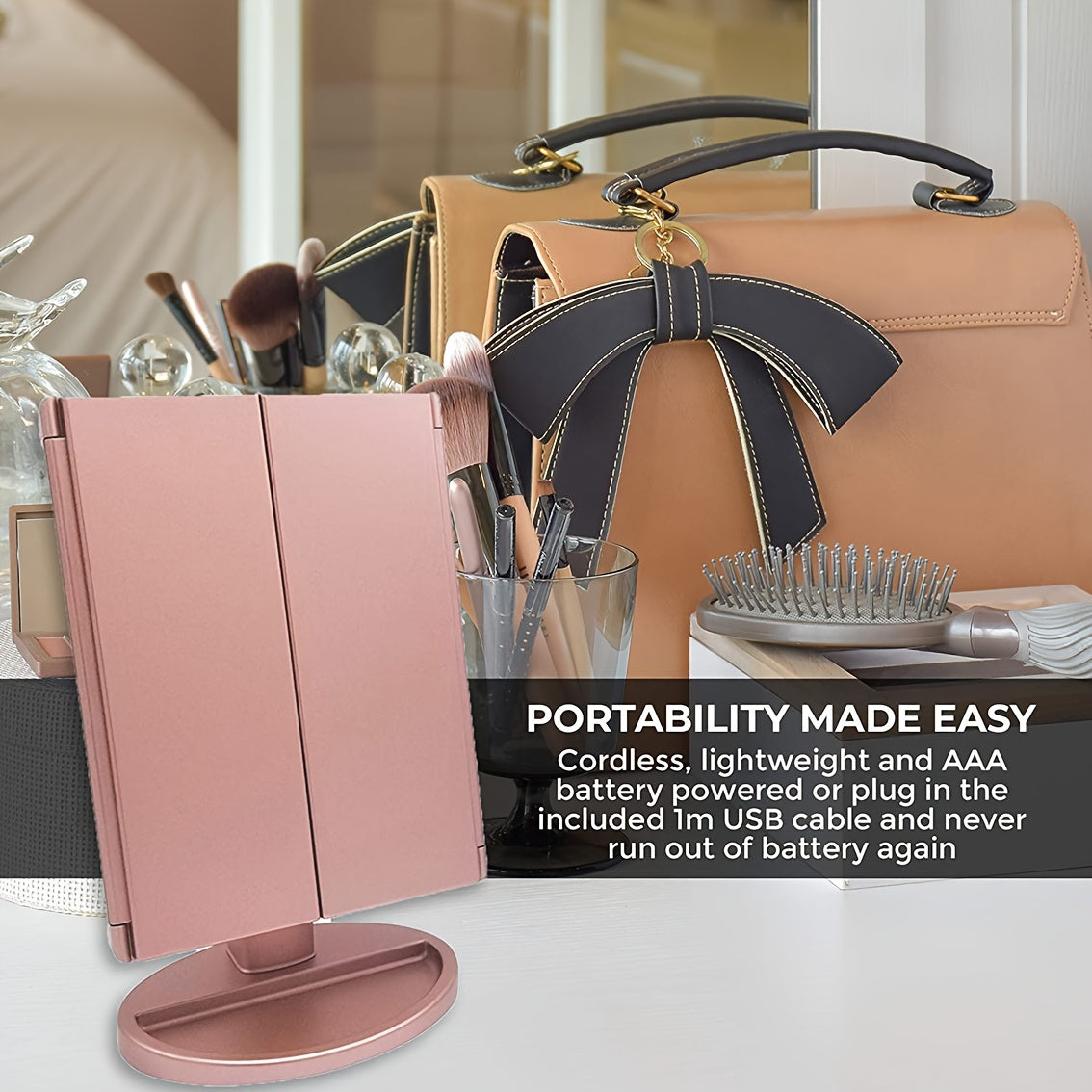 1pc Tri-folded Table Makeup Mirror - Standing Mirror With Lights, Smart LED Cosmetic Mirror, Multi-Color Adjustable Mirror, Double Door Folding Refill Mirror, USB Rechargeable, Desktop Makeup Mirror - For Women & Girls - Perf