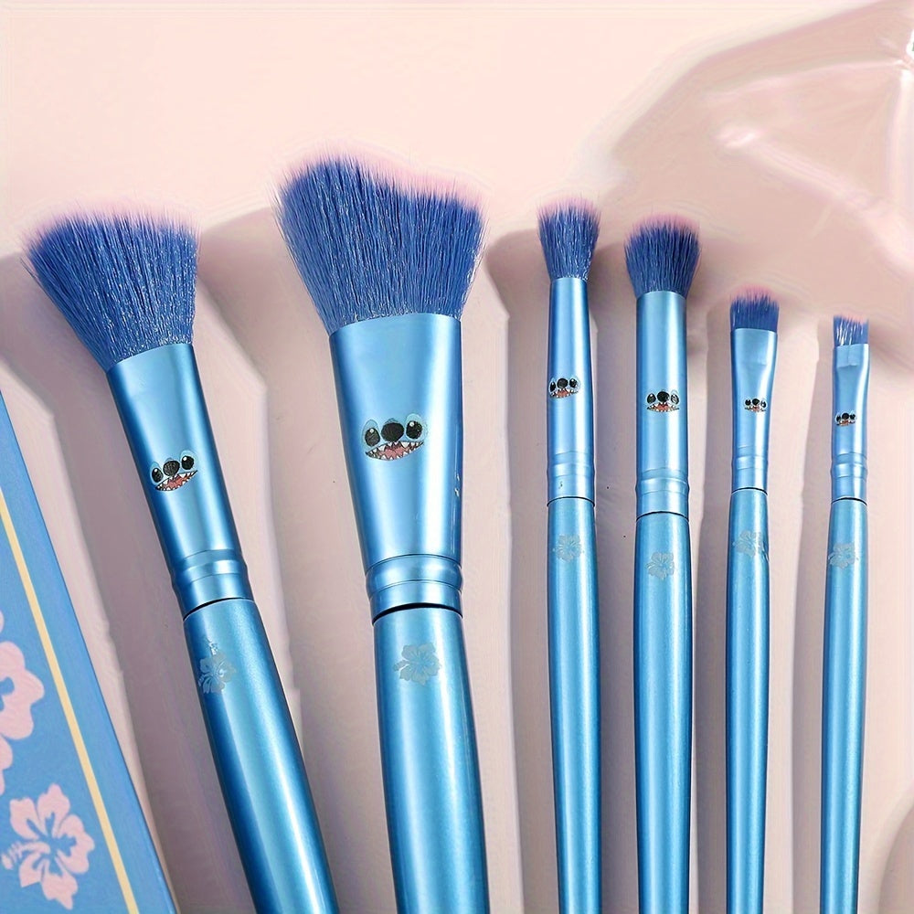 Disney Stitch 6-Piece Makeup Brush Set - Kawaii Wooden Handle, Polyester Bristles for Powder, Eye Shadow, Foundation, Blush, and Blending - Unscented Wand Beauty Brushes for Normal Skin with Gift Box