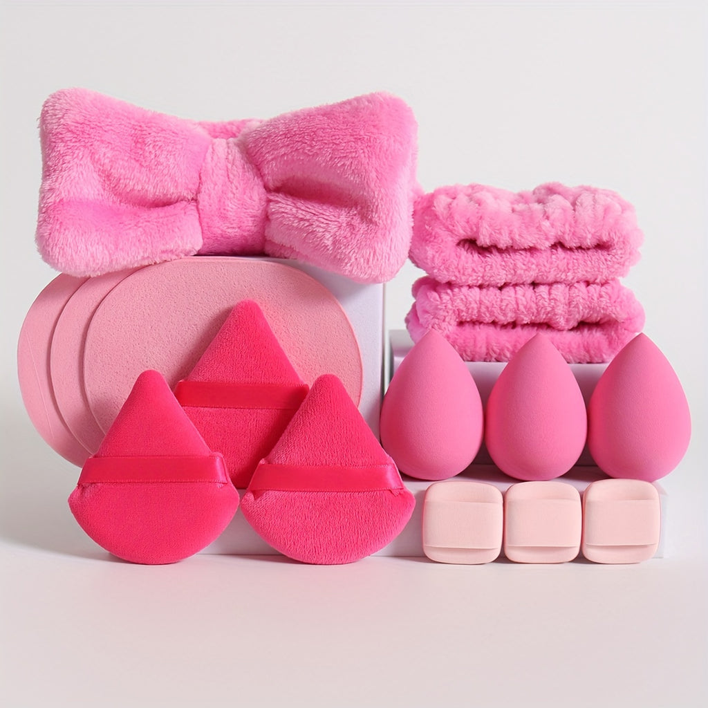 15-Piece Makeup Tool Set - 1 Bow Headband & 2 Wrist Bands, 3 Beauty Sponges & 3 Mini Makeup Sponges, 3 Triangle Powder Puffs & 3 Facial Cleansing Sponges - Suitable For All Skin Types