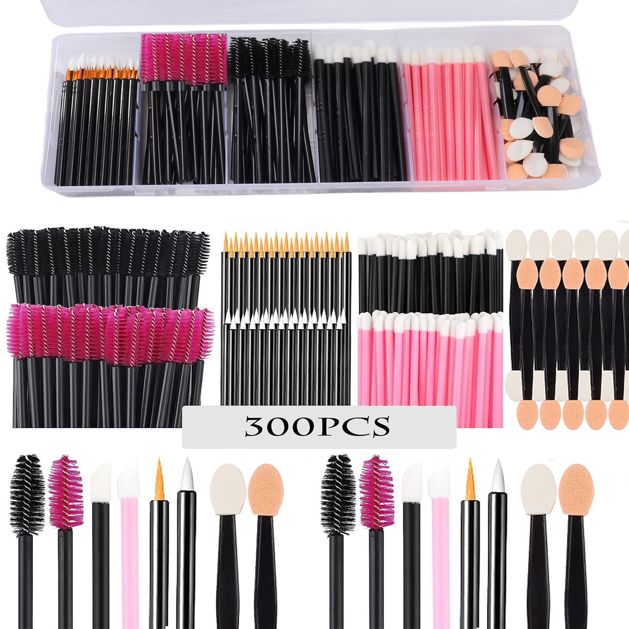 300pcs Disposable Makeup Tool Kit, 100pcs Lipstick Applicator Lip Stick 100pcs Mascara Eyelash Brush 50pcs Lip Liner Brush 50pcs Eyeshadow Brush 1 Portable Beauty Storage Box - Gift Set Mother's Day Gift